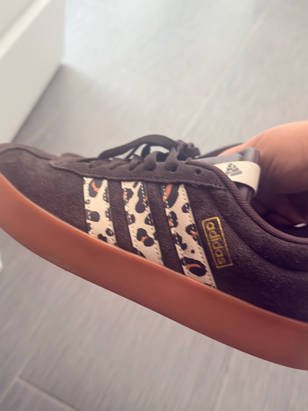 adidas Brown Suede Sneaker with Leopard-Pattern Stripes and Gum Sole